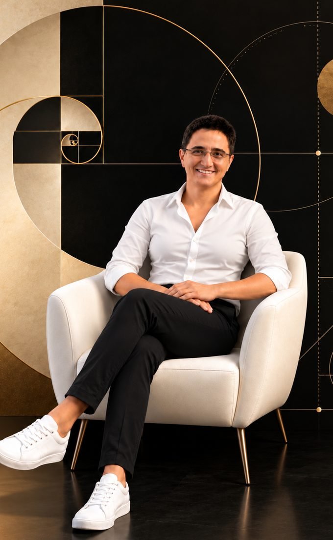 Sandra Jakovljević, brand identity and logo designer, seated in a white armchair in front of a black and gold golden-ratio wall